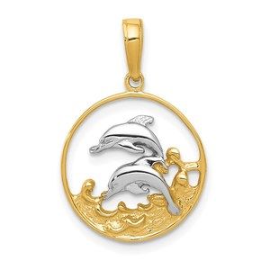 14k Yellow Gold and Rhodium Double Dolphins In Circle Necklace Charm Pendant